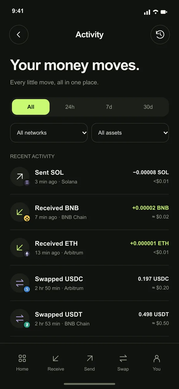 Bro Wallet activity screen with recent transfers and swaps