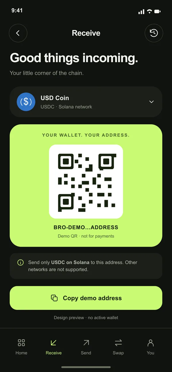 Bro Wallet receive screen with a QR code